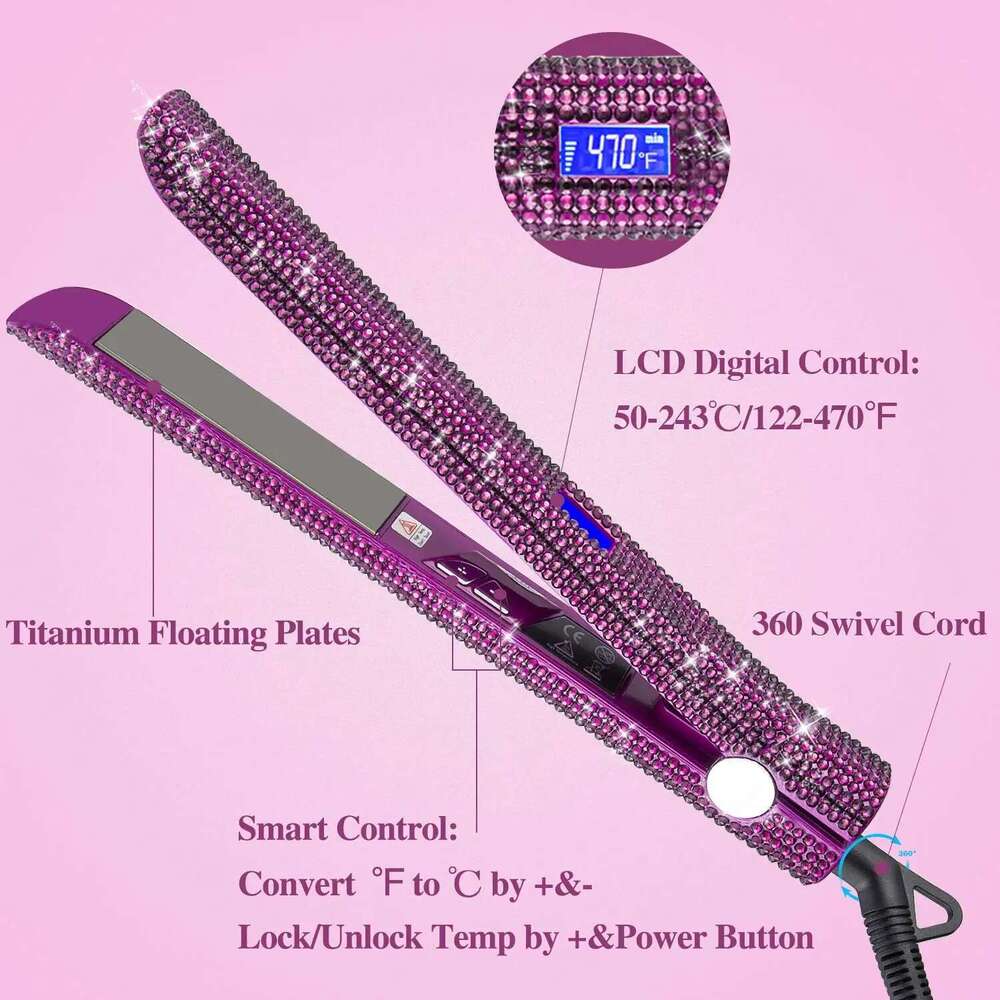 Professional Hair Straightener Titanium Flat Rhinestone Straightening Iron Salon High Heat 470F Dual Voltage LCD Display