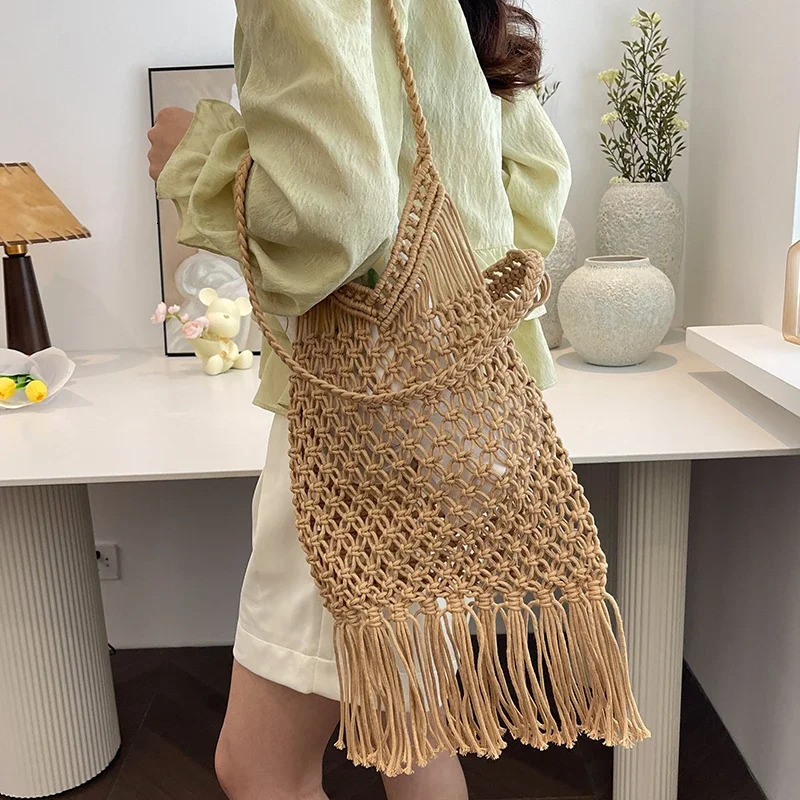 Bohemian Woven Bag for Women Trendy Tassel Shoulder Bags Ladies Casual Summer Travel Handbag Solid Color Beach Mesh Bags 250515
