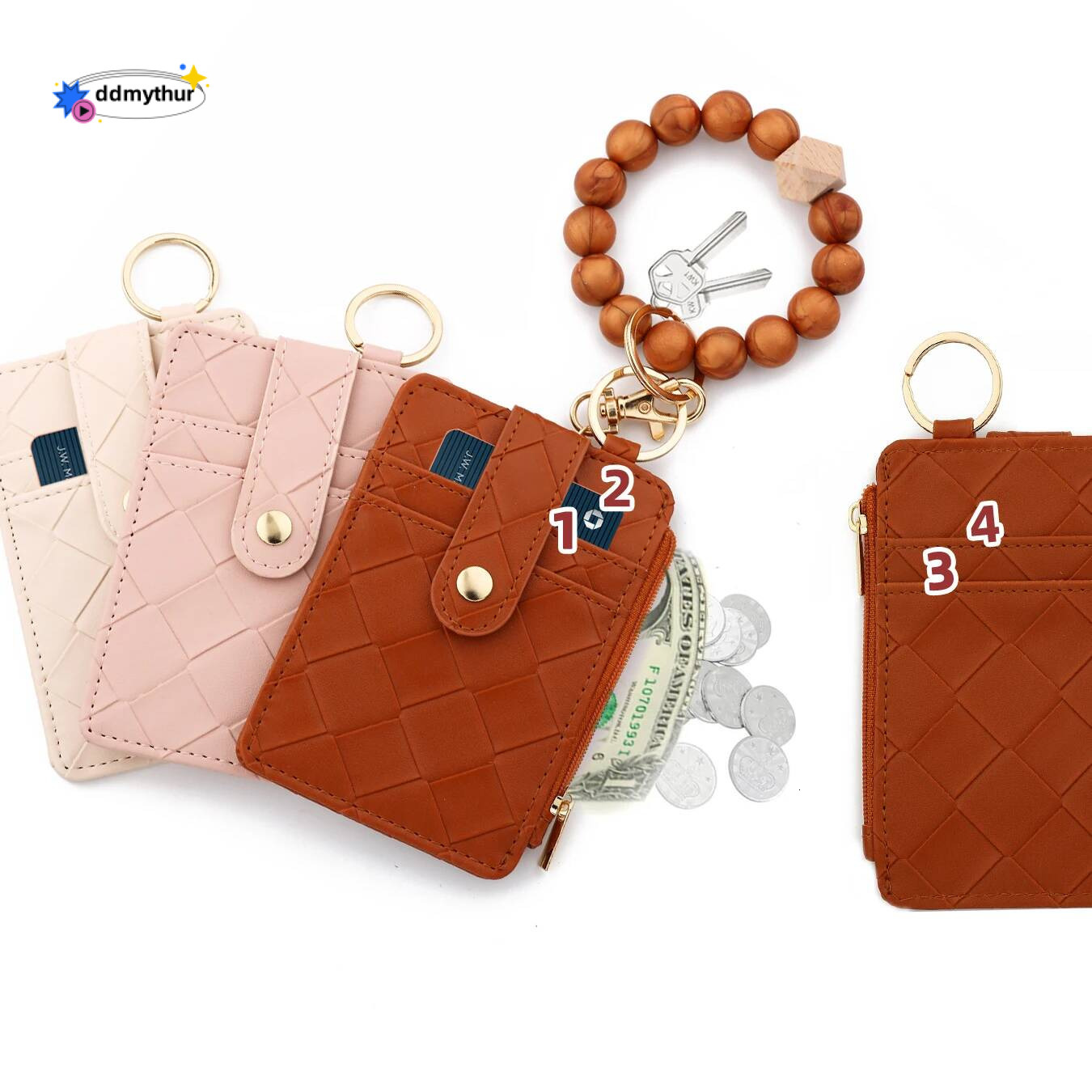 2025 New Arrival PU ID Credit Wallet with Wristlet Bangle Silicone Bead Tassel Card Holder Leather Keychain ddmythur