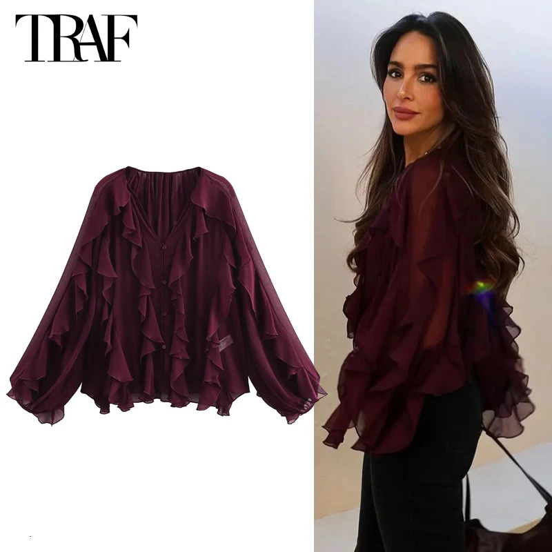 TRAF Ruffle Womens Blouses Semi Sheer Casual Woman Spring Fairy Shirts and for Lady Long Sleeve Tops 250515