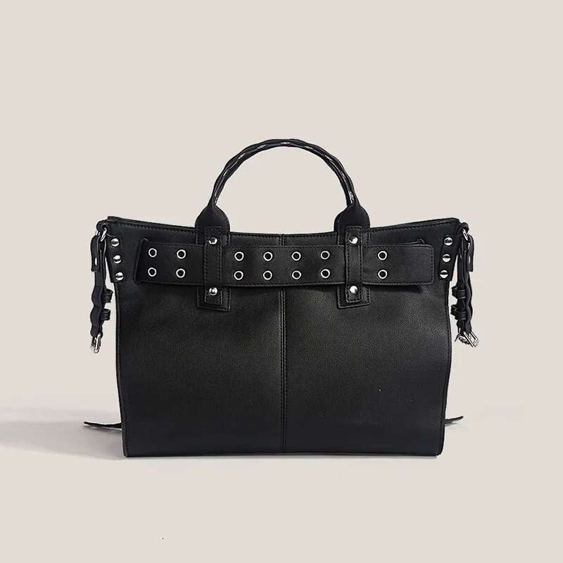 JIOMAY Women Black Goth 2024 Fashion Woman Ladies Moto And Biker Style Shoulder Rivet Belt Large Capacity Tote Bag