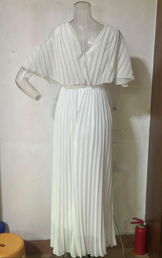 White Dress Maxi Dress 2023 Autumn New Style Solid V-Neck Bat Sleeves High Waist Dress KQ
