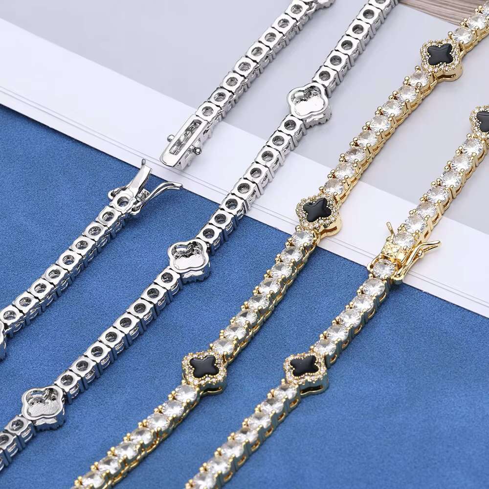 New Design Sterling Sier Hip Hop VVS Moissanite 4mm Clover Tennis Chain Gold Plated Fashion Bracelet