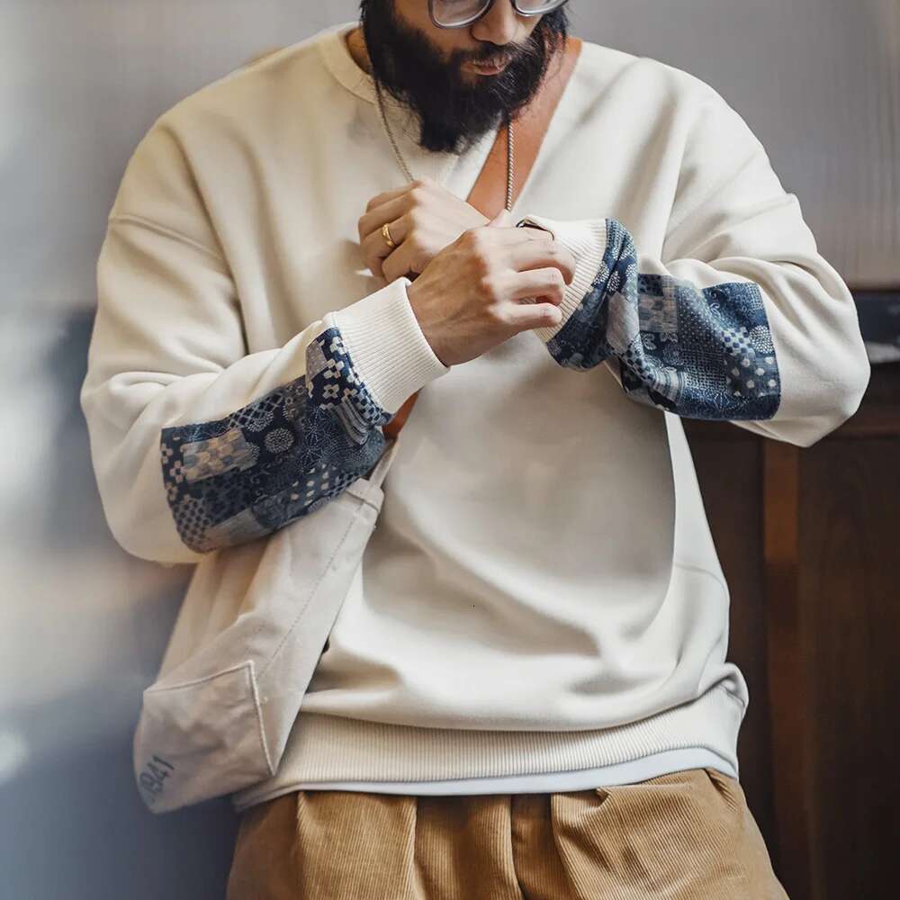 Maden Vintage Boro Patchwork Sweatshirt Casual Round-Neck Tops Men's Classic Pullover For Spring And Autumn Fashion Streetwear Designer