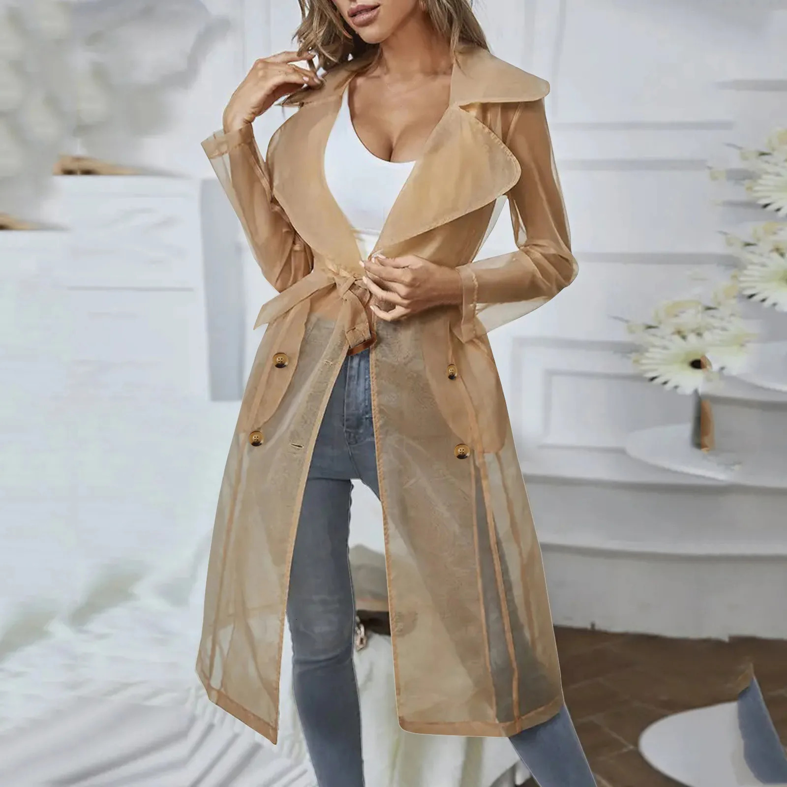 Jackets For Womens Mesh Transparent Overcoat Long Sleeve Buttoned Coat With Belt Turndown Collar Light Weight Long Jackets 250515