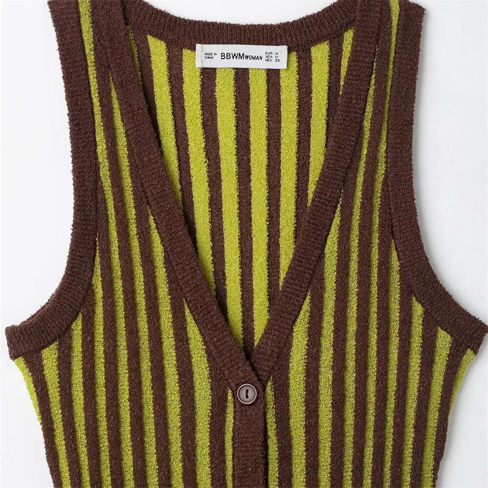 2025 Spring/Summer New Product Women's Fashion Casual Striped Knitted Dress Color Contrasting Sleeveless V-Neck Folding Design D