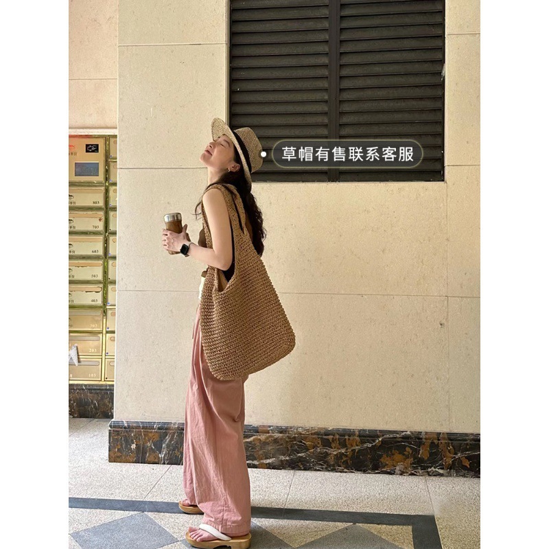 New single shoulder large capacity women's summer canvas beach vacation bag woven bag casual designer fashionable lazy style hand-held woven bag 