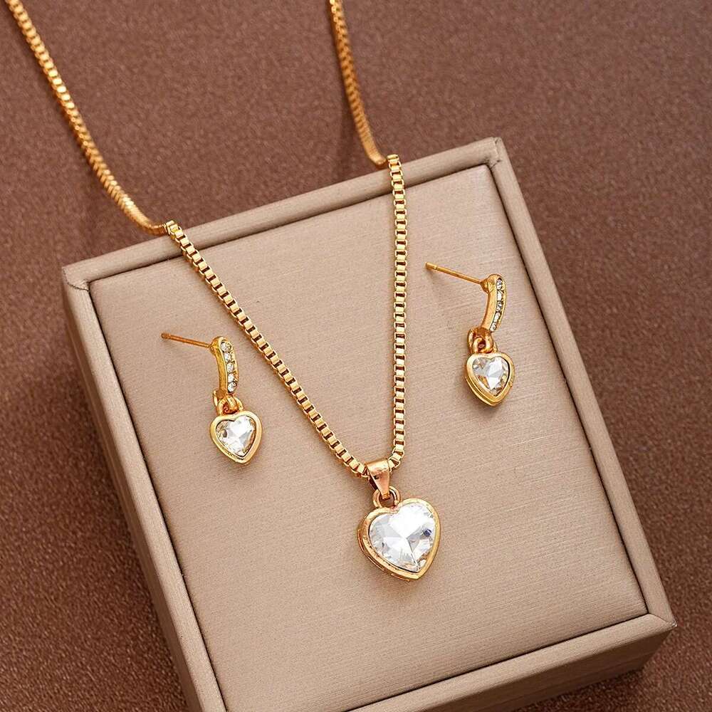 3 Pcs Of Earring Pendant Necklace For Women Exquisite Fashion Rhinestone Double Heart Jewelry Set Gift