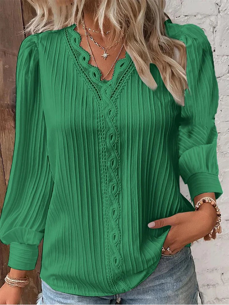 Womens Lace Stitching Shirt Loose Vneck Long Sleeve Pullover Chiffon Fall Top Simple Elegant Street Blouse 250515