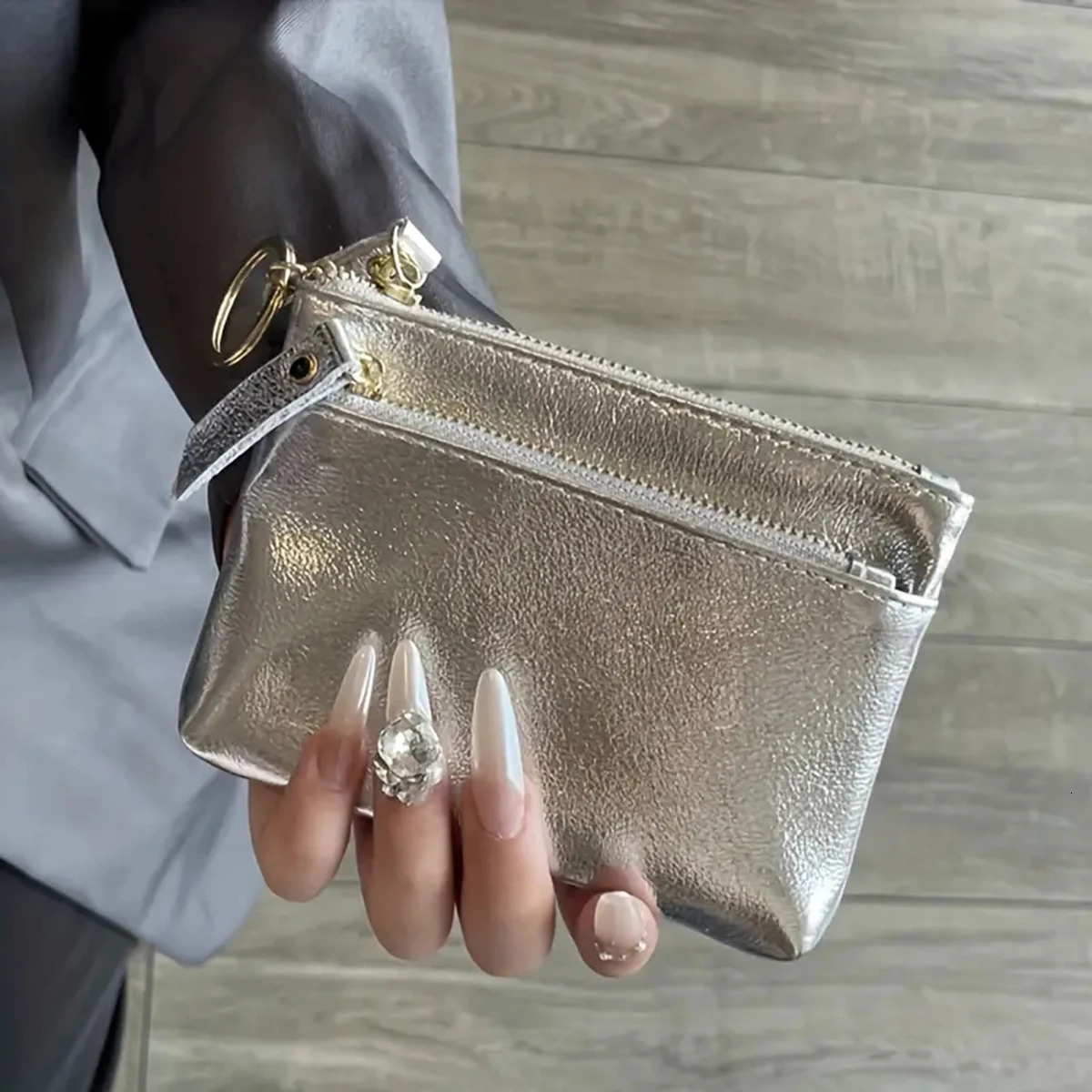 Silver zipper small wallet for women. Top layer cowhide mini pouch. Cracked texture key bag. Card holder. Coin purse. 250514