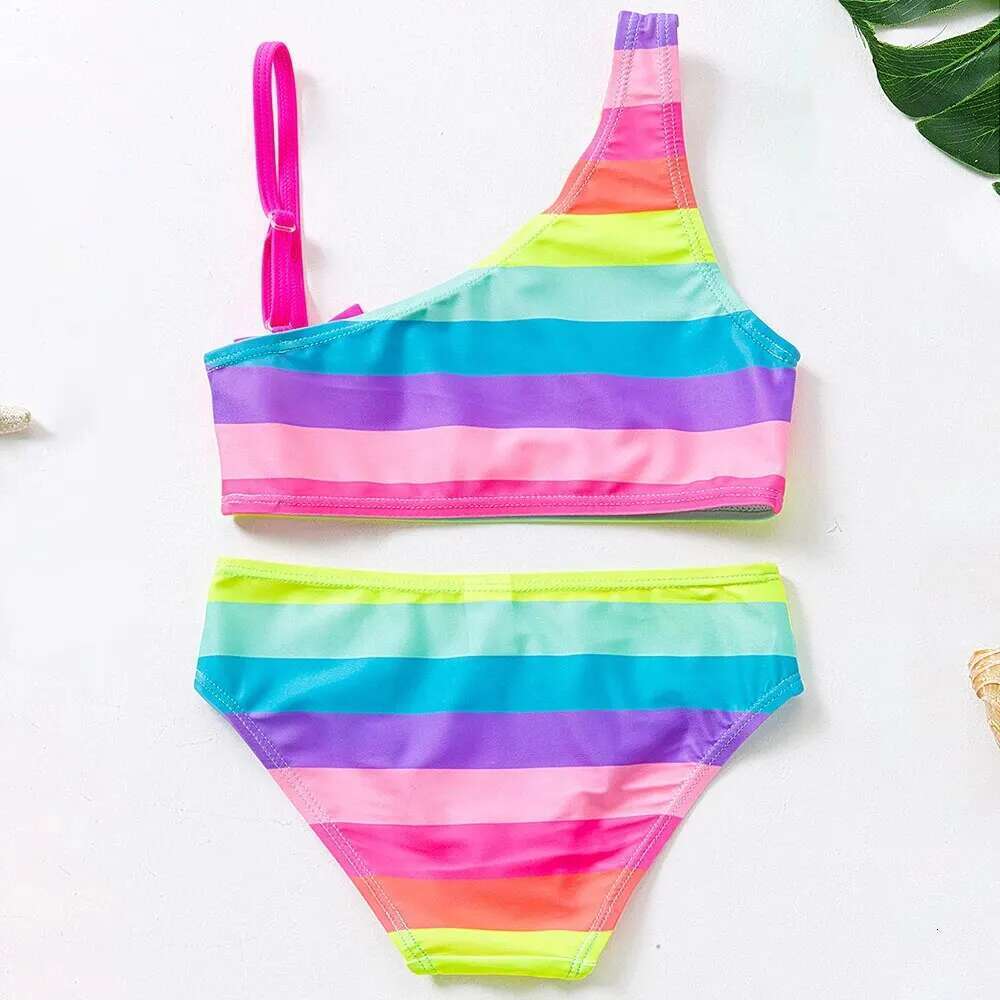 Rainbow Stripe Bow Girl Bikini swimsuit Set