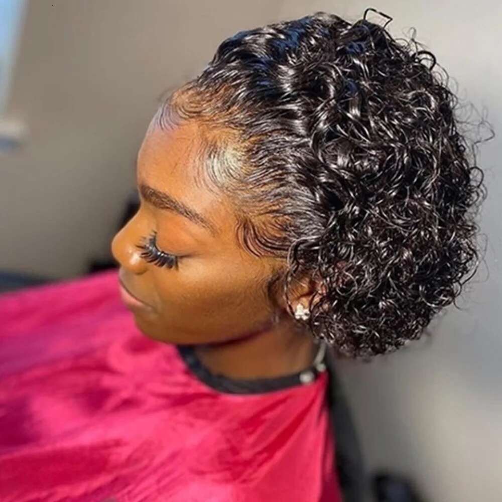 Pixie Cut Colored Lace Spring Curl Short Bob For Women Natural Black Color Human Hair Cheap Wig 13X1