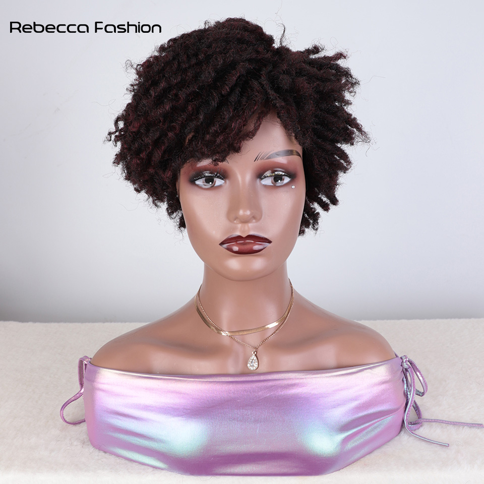 Rebecca Fashion Afro Kinky Curly Synthetic Short Dreadlock With Bangs Black Ombre Red Crochet Wig for Black Women
