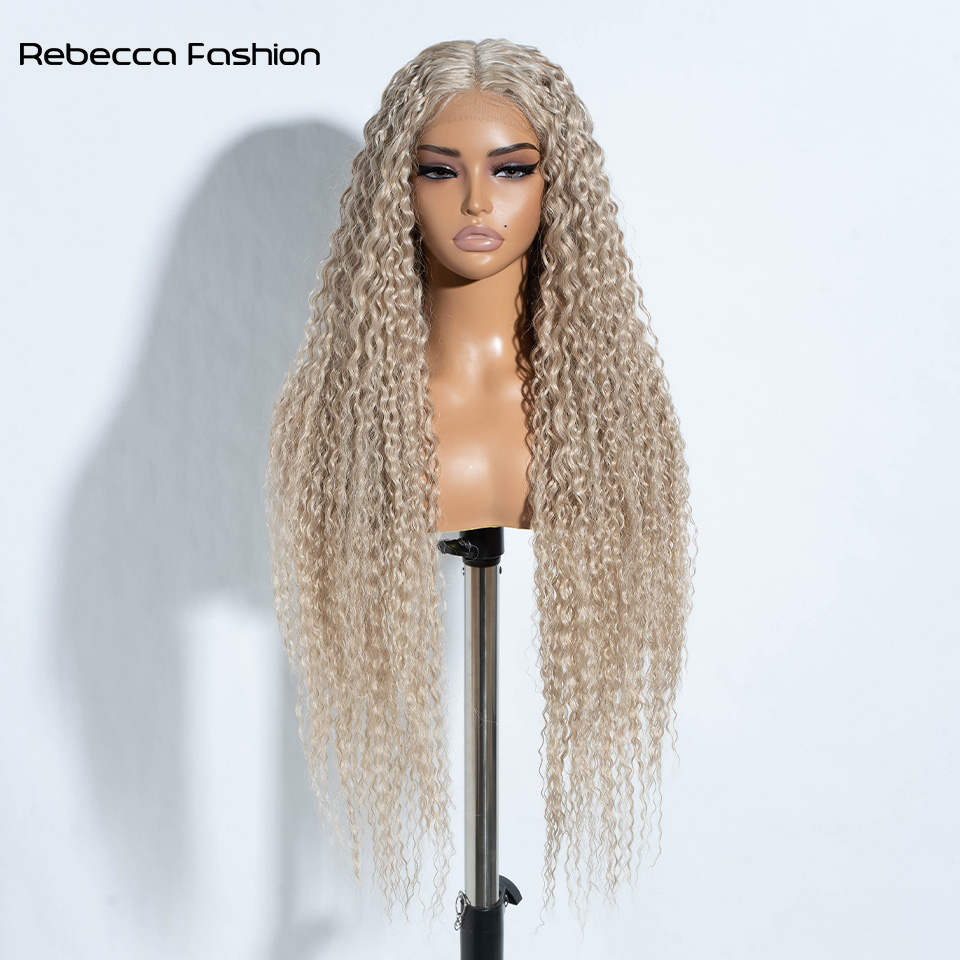 Rebecca Fashion 38" Synthetic Lace Front For Women Middle Part Long Soft Ombre Blonde Wig Kinky Curly Wigs Heat Resistant Fiber Hair