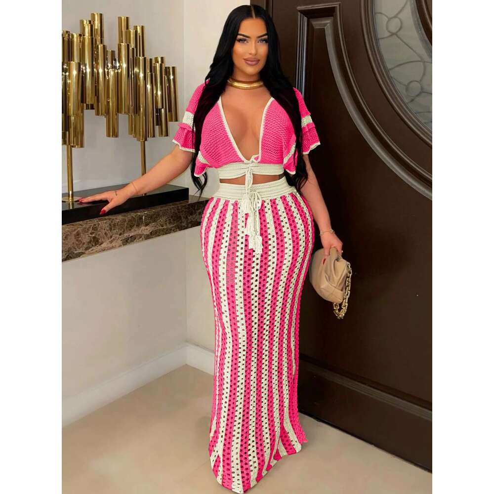 Cm.Yaya Women's Set Short Sleeve V-Neck Top + Long Skirts Suit Summer Knitted Hollow Out Streetwear Beach Sexy Two 2 Piece Sets