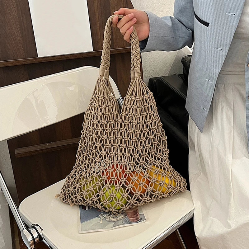 Solid Color Woven Shoulder Bag Summer Womens Hollow Out Versatile Vacation Bag Handmade Mesh Bag 250515