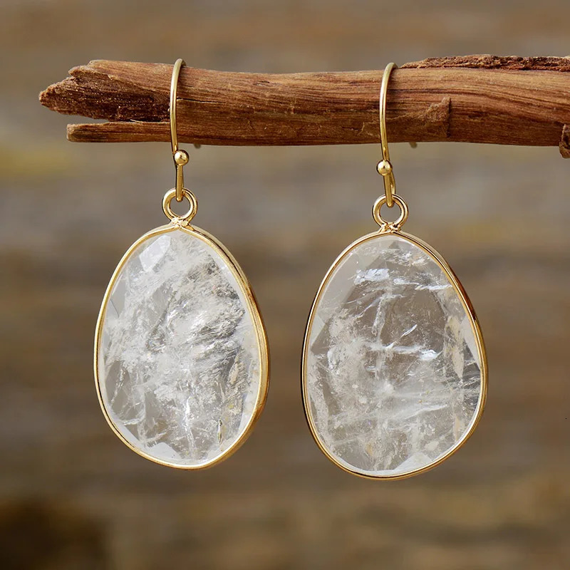Boho Gold Plated Hook Natural Stone Dangling Huggie Woman Chunky Earrings Ethnic Gems Jewellery Creative Gifts 250515