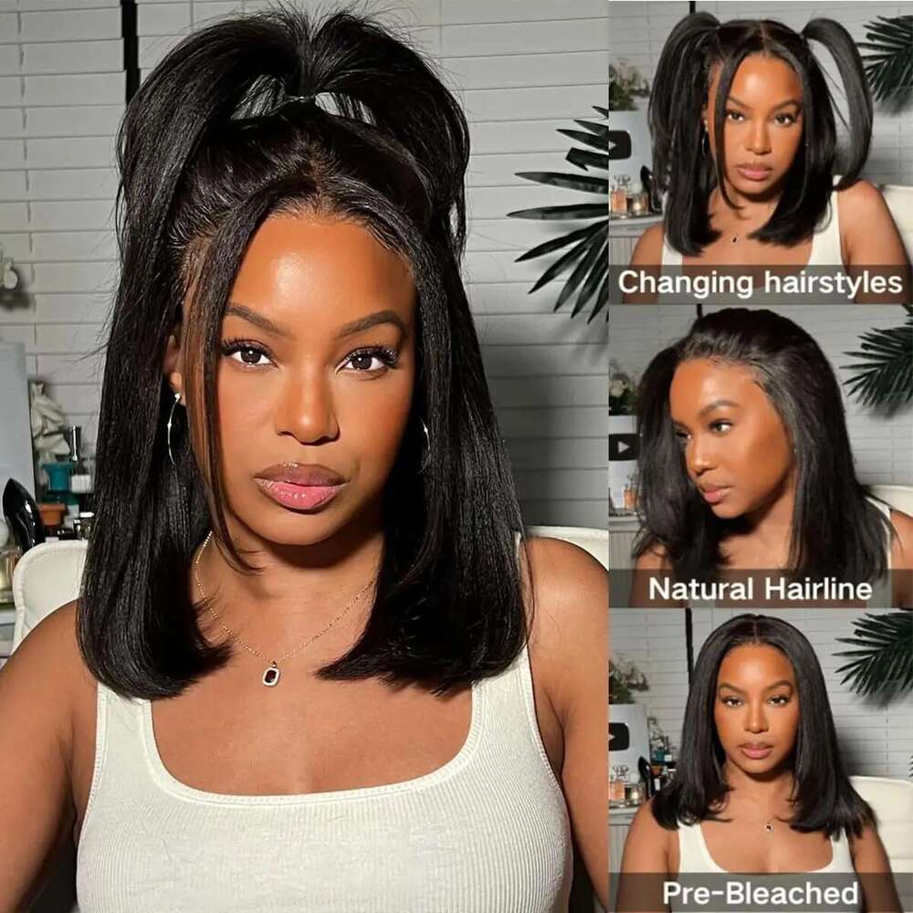 Human 13X4 Front 180% Density Short Straight Frontal Bob Wig Transparent Lace Pre Plucked With Baby Hair