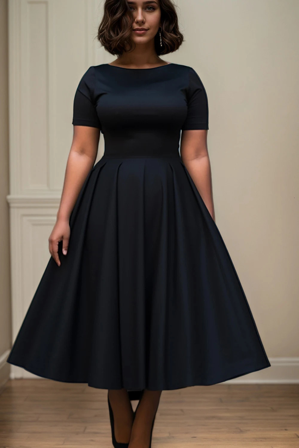 Women Plus Size Black Dress Short Sleeve Summer Casual Pleated A-Line Basic Long Dress Round Neck Fashion Evening Party Dresses 250509