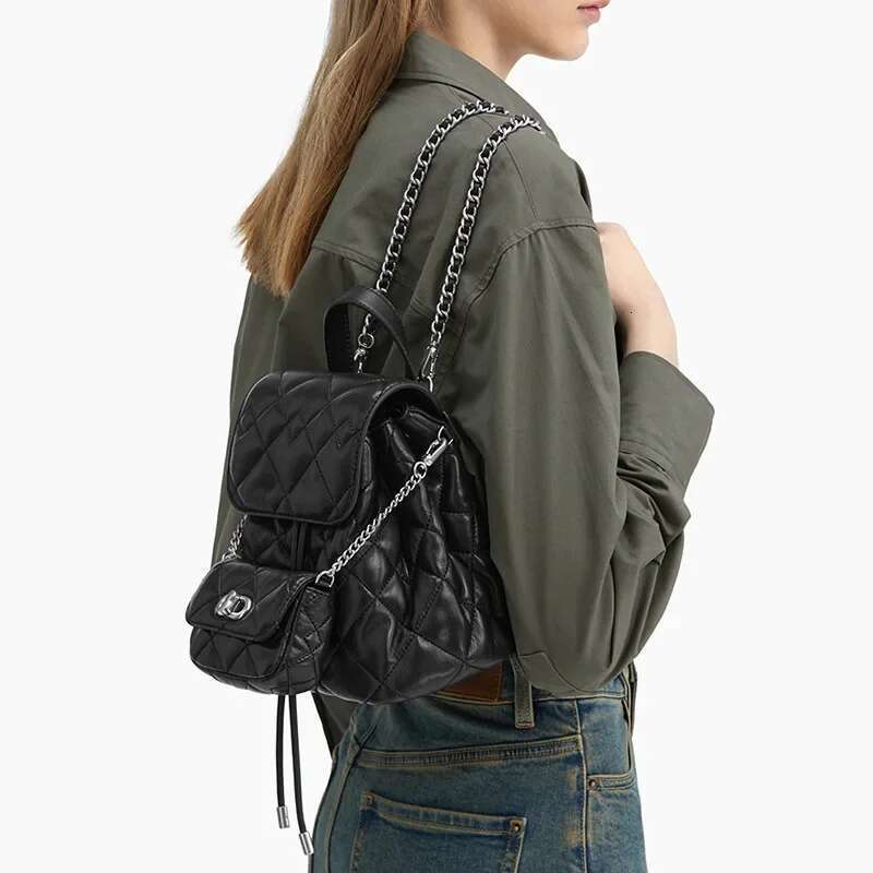 Guangzhou Women's Tweed Style Argyle Double Shoulder Bag Spring New Niche Design High-end Feeling Chain Backpack