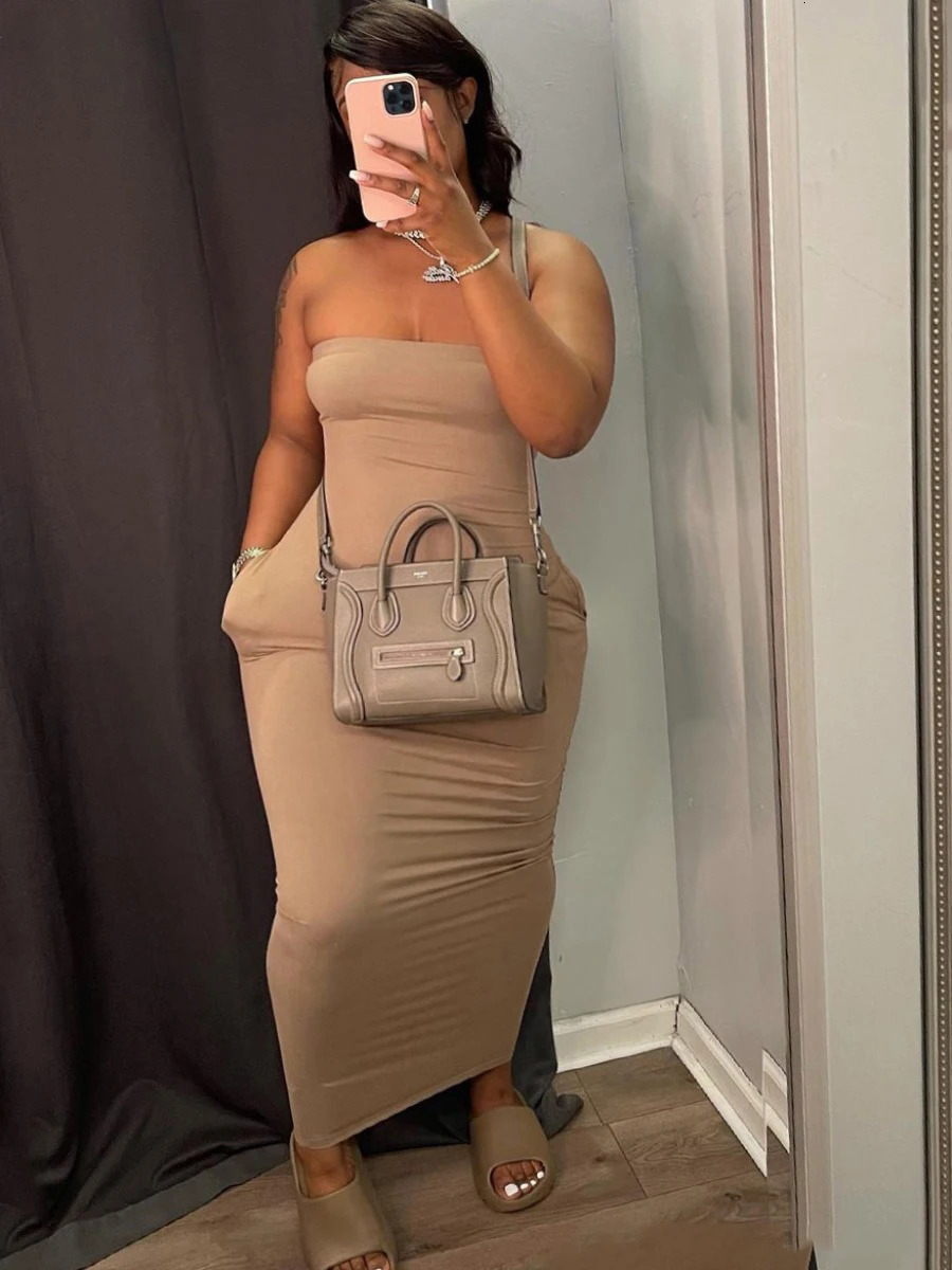 LW Plus Size Off The Shoulder Pocket Dress Summer Strapless Ruched Strapless Ankle Length Dresses Without Bag 250515