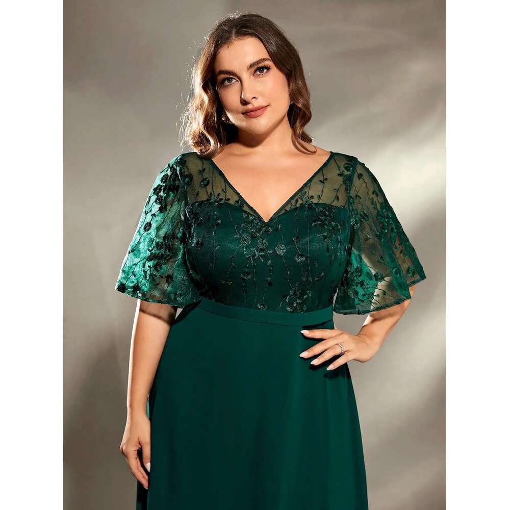 Mgiacy plus size V-neck See-through trumpet sleeve embroidered chiffon full skirt Evening gown Ball Party dress