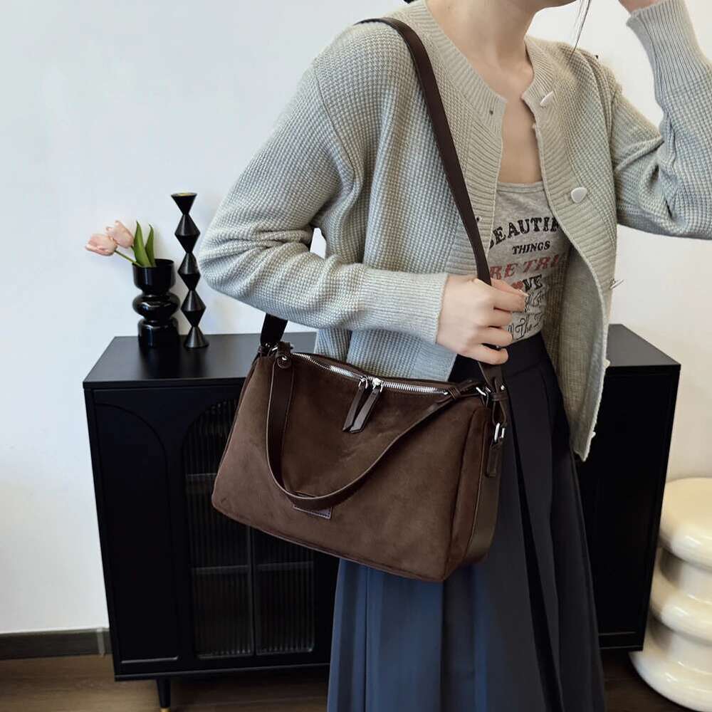 Faux Suede Shoulder Women Vintage Tote Handbag Adjustable Strap Crossbody Messenger Bags Trendy Satchel Hobo Commuter Bag
