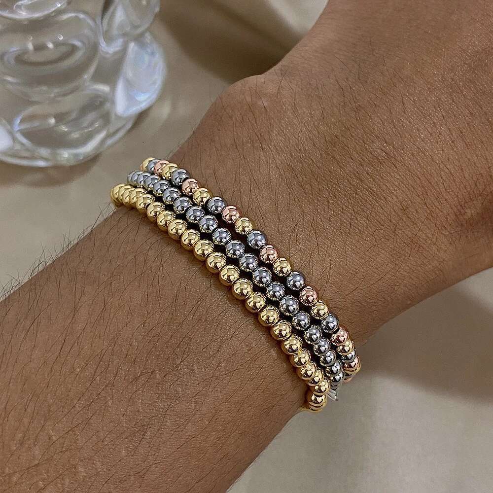 Greatera 3/4Mm Stainless Steel Beads Elastic Bracelets For Women Gold Plated Tricolor Beaded Chain Bracelet Waterproof Jewelry