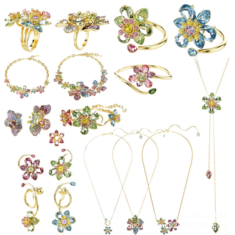 2025 summer new luxury colorful crystal flower designer necklace bracelet earrings ring bangle jewelry set 18k gold butterfly choker wedding necklaces