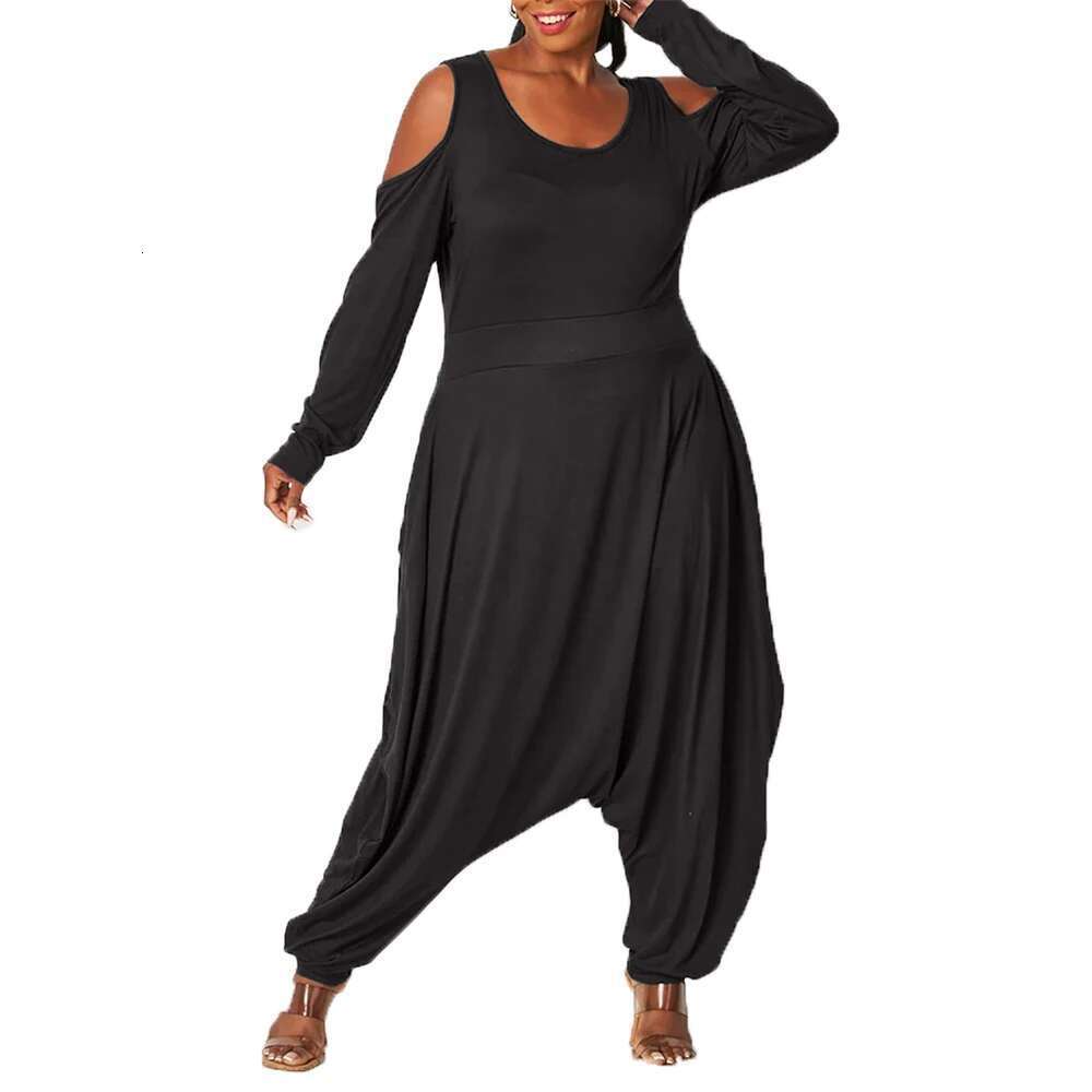 Women's 1XL-5XL Casual Fashion Plus Size Solid Color Jumpsuit Long Sleeve Loose Jumpsuits O Neck Pocket Autumn Winter Clothing