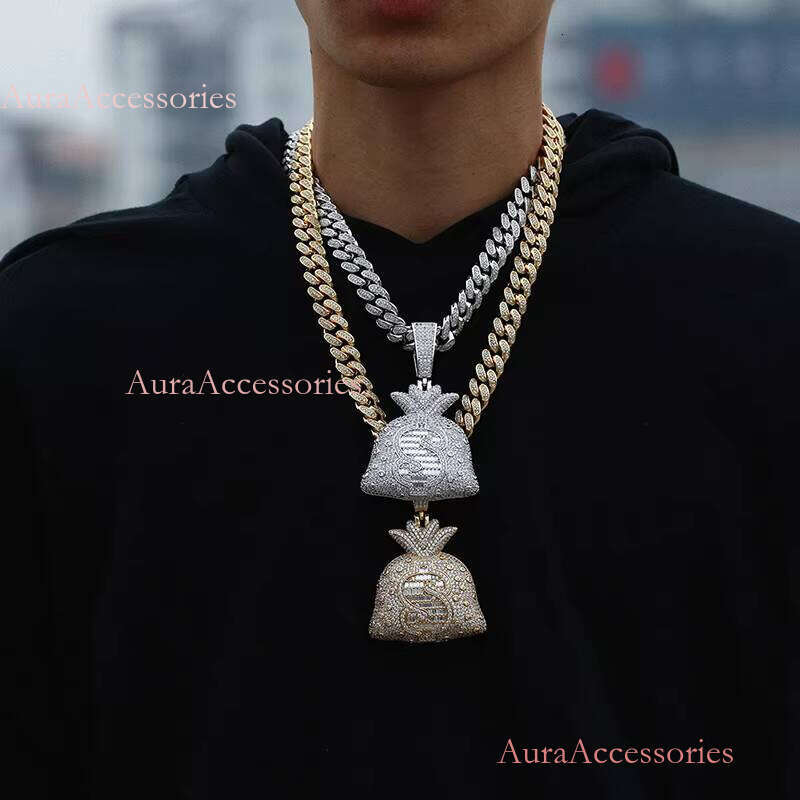 Golden Shining Currency Dollar Bag Necklace Men's Ice Pendant