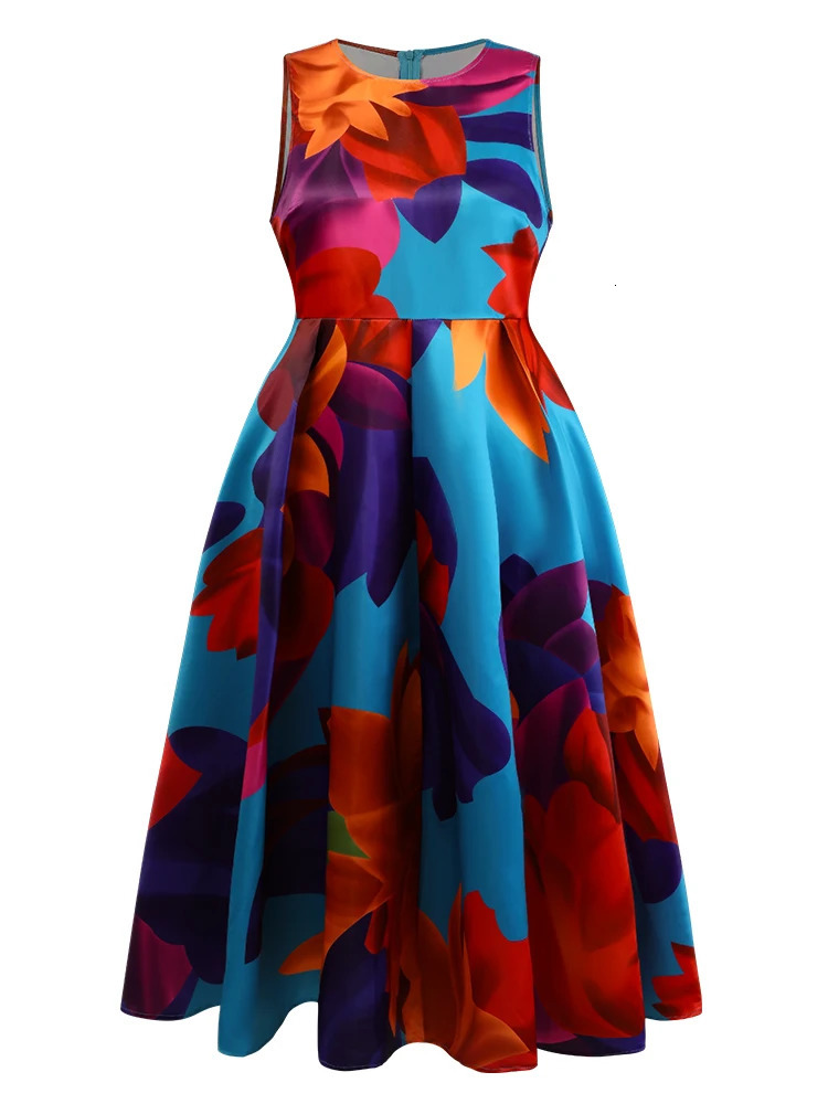 Womens Plus Size Dress Sleeveless Pleated A-Line Party Evening Maxi Dresses Floral Printed Casual Vintage Round Neck Dress 250509