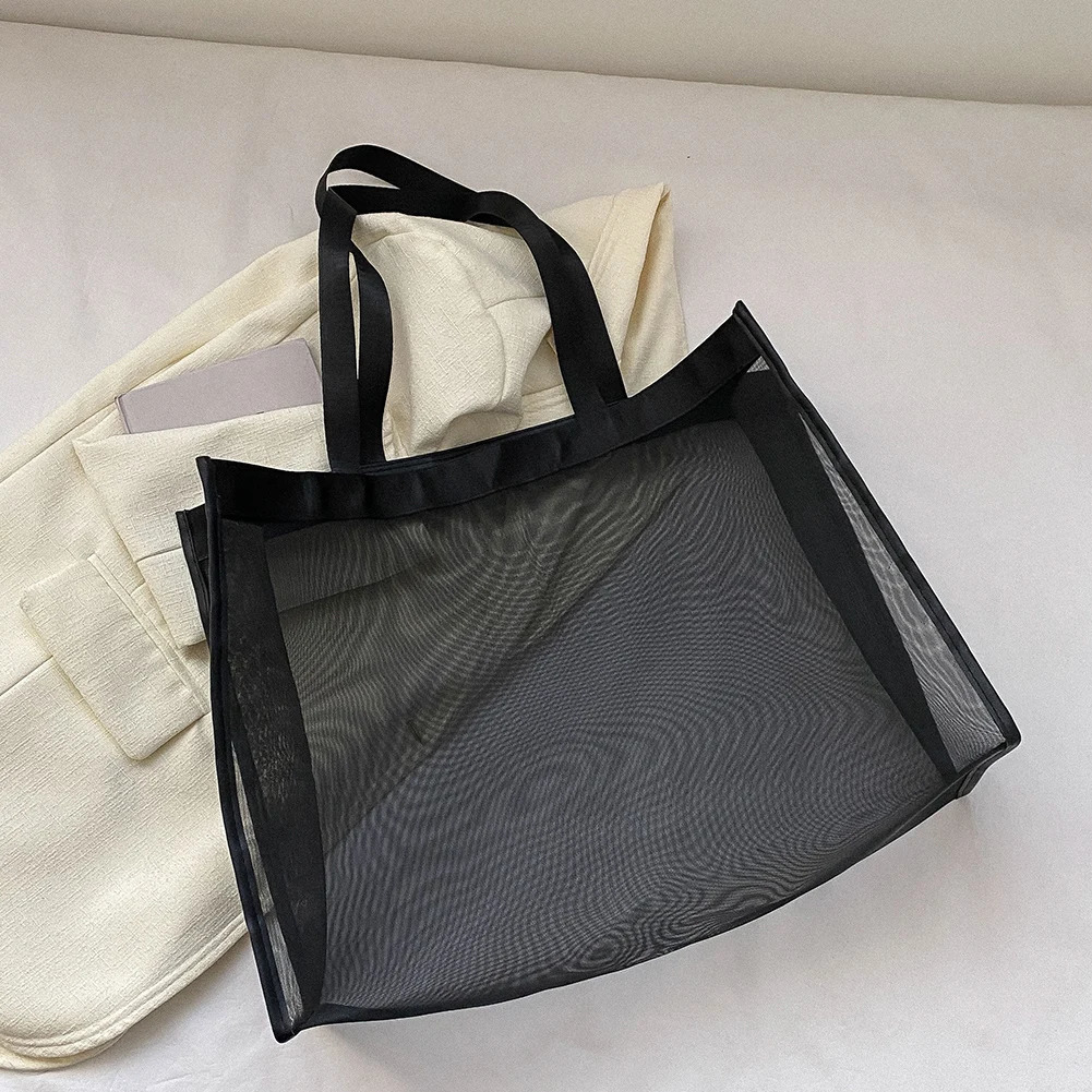 Fashion Shoulder Bag Large Capacity Mesh Shopping Bag Solid Color Top-Handle Handbag Transparent for Summer Vacation Travel 250515