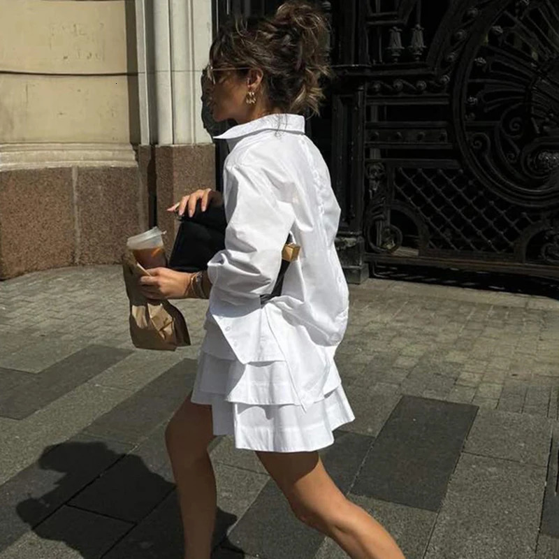 Tornova White See Through Skirt TwoPiece Set For Women Long Sleeves Shirt High Waist Cake Suit Female Loose Casual 250515