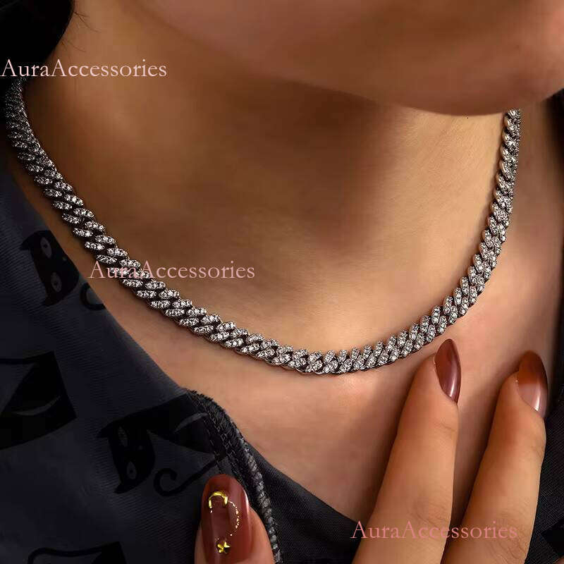 Women Jewelry Iced Out 6mm Gold Plated Sterling Sier VVS Moissanite Miami Cuban Link Chain Necklace