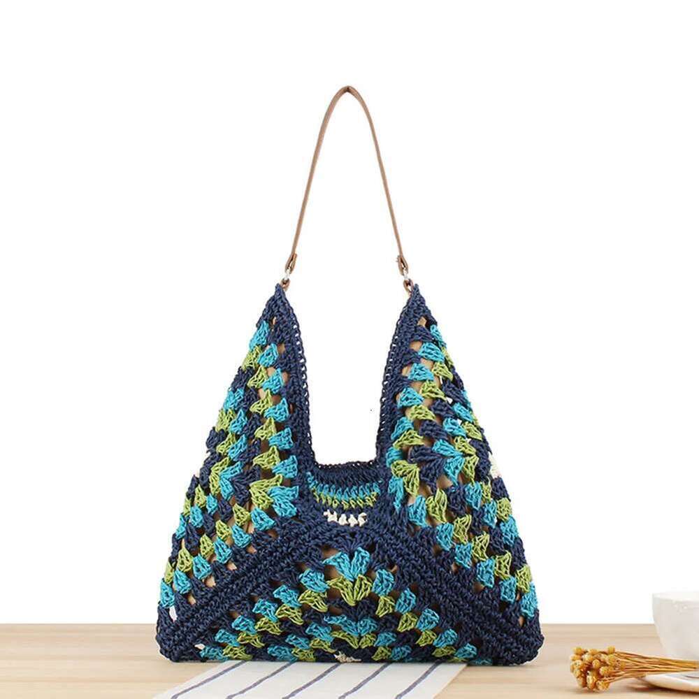 Women Summer Beach Large Capacity Crochet Hobo Bags Knitted Shoulder Bag Patchwork Hasp Closure For Outdoor Travel