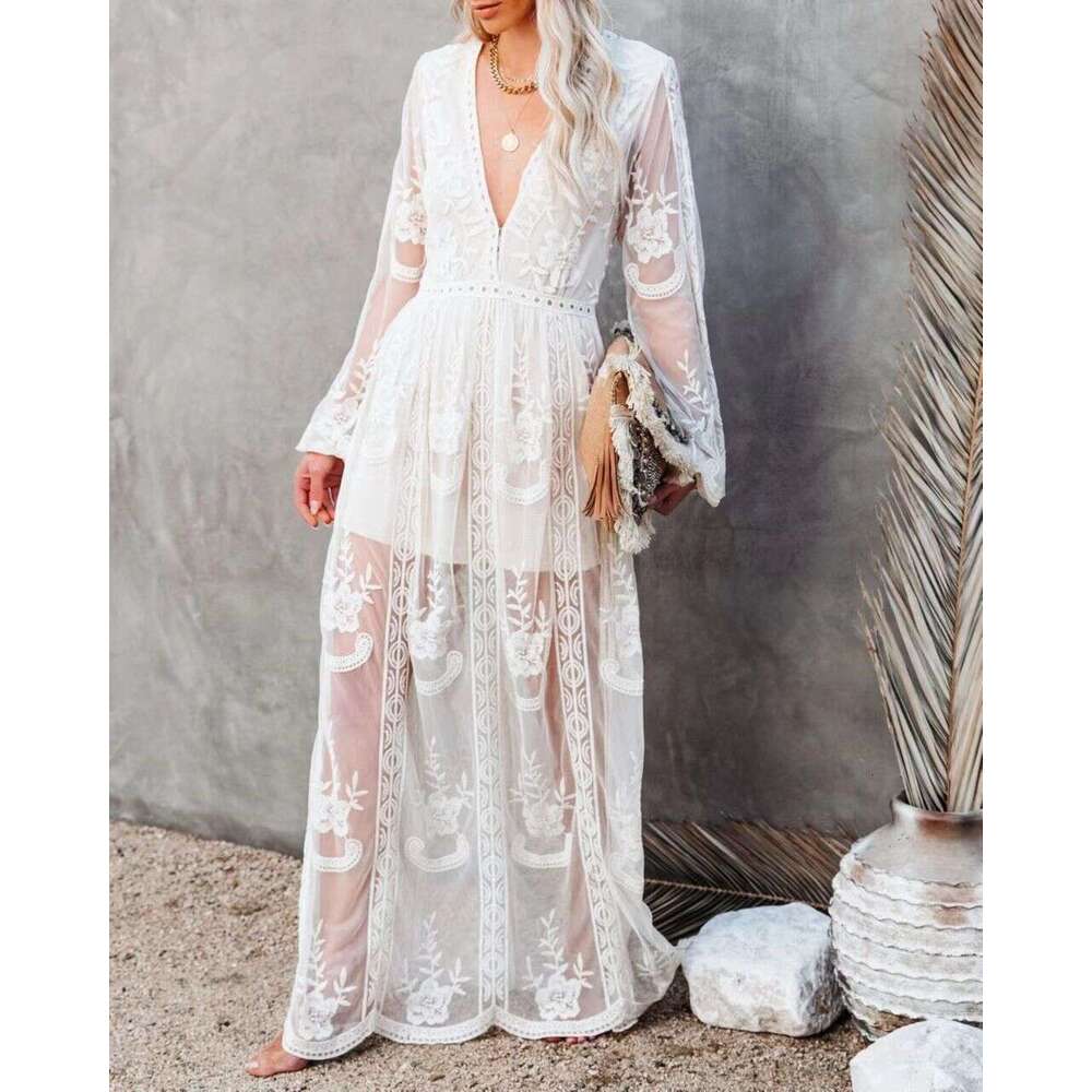 2023 Spring/Summer Women's Lace V-neck Solid Chiffon Summer Dress