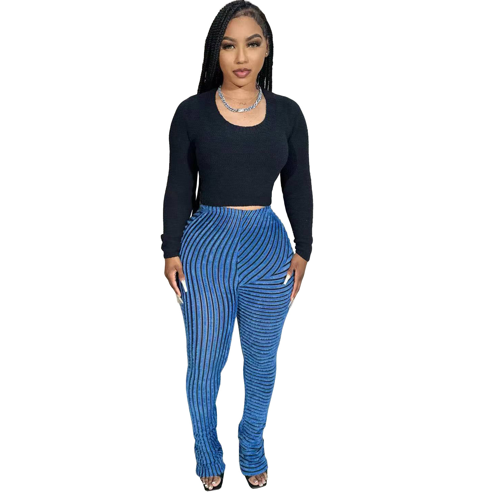 HR23101 Womens Fur Texture Breathable Large Elastic Fashion Casual Versatile Slim Fit Stacked Pants