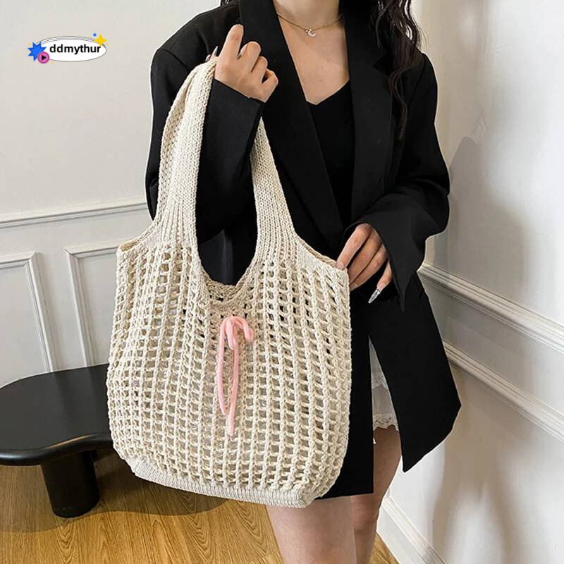 Large Capacity Knitted Hollow Shoulder Crochet Underarm Tote Casual Beach Commuting Bag for Women ddmythur