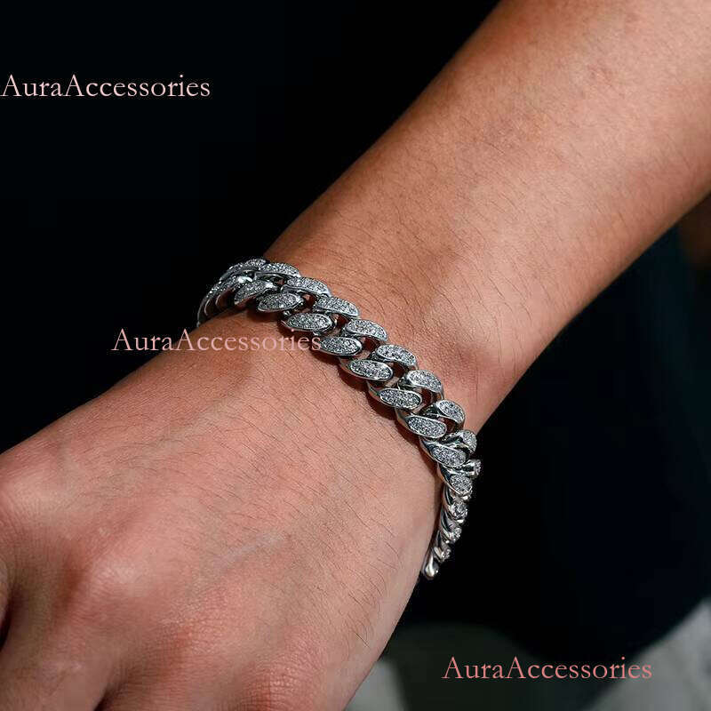 12MM Width Sterling Sier Iced Out VVS Moissanite with GRA Certification Cuban Link Bracelet Hiphop Jewelry for Men Women