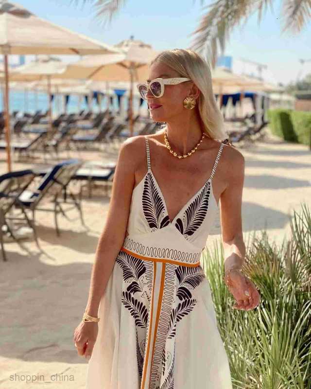 Women Dresses summer new backless lace up long dress with printed V-neck elegant dress