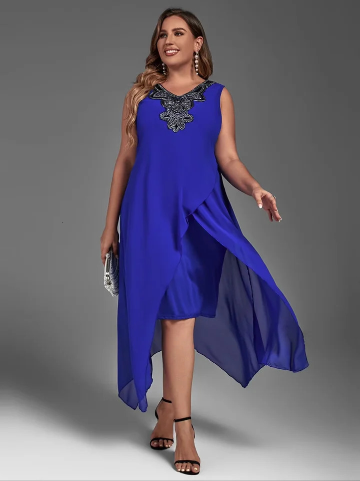 Plus Size Dress for Women Elegant Mesh Irregular Slim Long Dress Summer Casual Sleeveless Evening Party Dress 2XL 3XL 4XL 250509