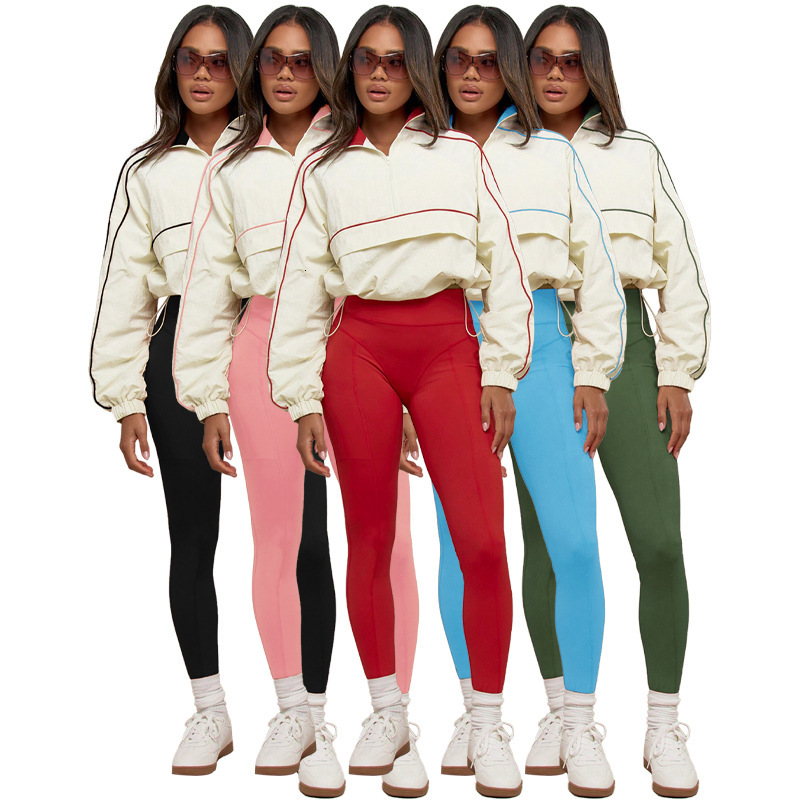 HR25081 Fashion Womens Drawstring Waist Nylon Top Yoga Pants Sports and Leisure Two Piece Set