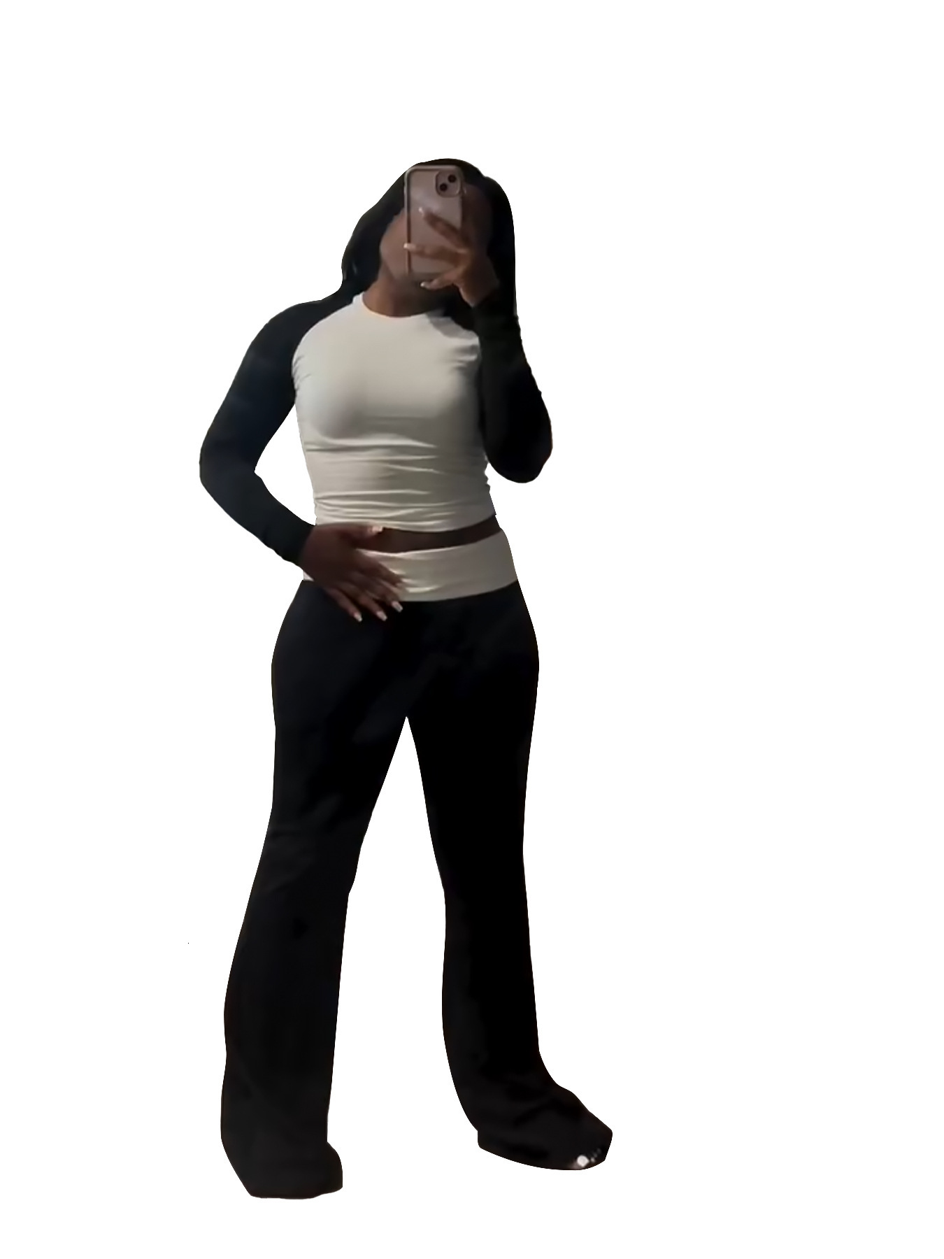 HR24061 womens contrasting color tight fit high waist folding slim fit pants with fleece set