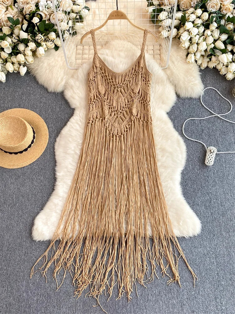 SINGREINY Retro Knitted Shirt Bohemian Vacation Beach style Summer Tank Women Strap Sleeveless Long Tassel Tops 250515