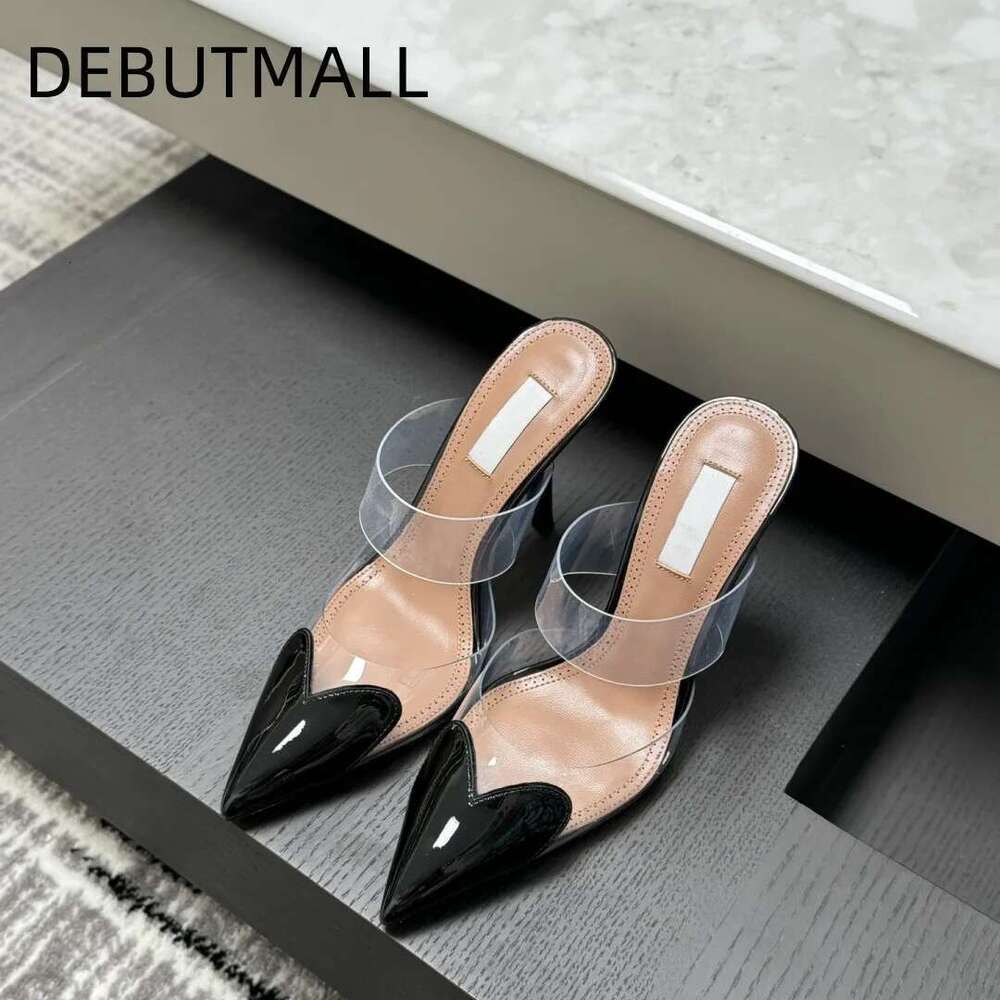 Real leather transparent toe cap sandals for women with slim heels, spring and summer new style French heart-shaped pointed high