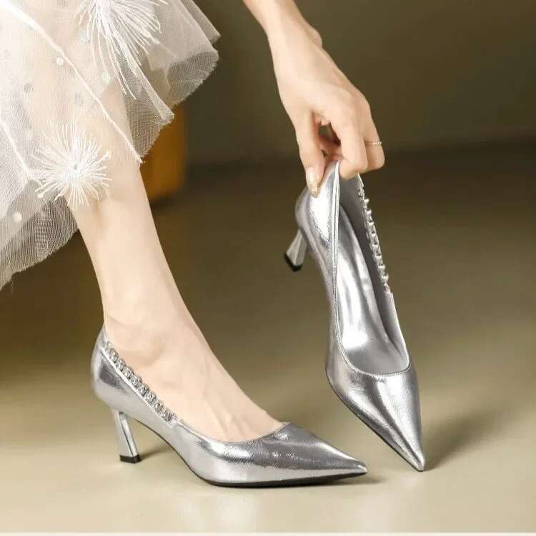Gold Sier Women Glossy High Heels Fashion Pointed Toe Slip on Stiletto Pums Solid Formal Dress Shoes Plus Size
