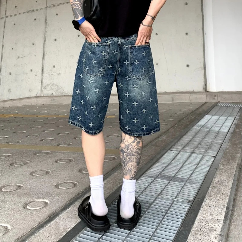 American Highquality Jacquard Denim Shorts Mens Summer High Street Loose Versatile Straightleg Casual Fivepoint Pants 250515