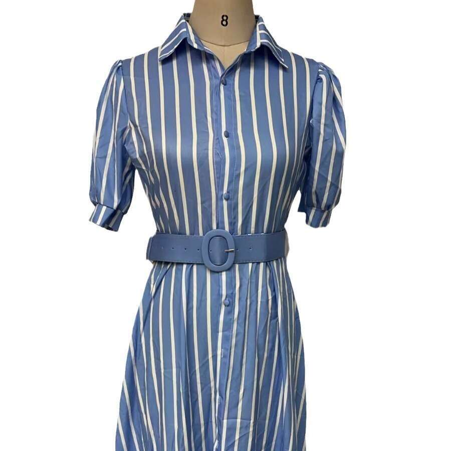 White Dress Maxi Dress 516 # New Style Commuting Long Short Sleeved Large Hem Dress With Belt KQ