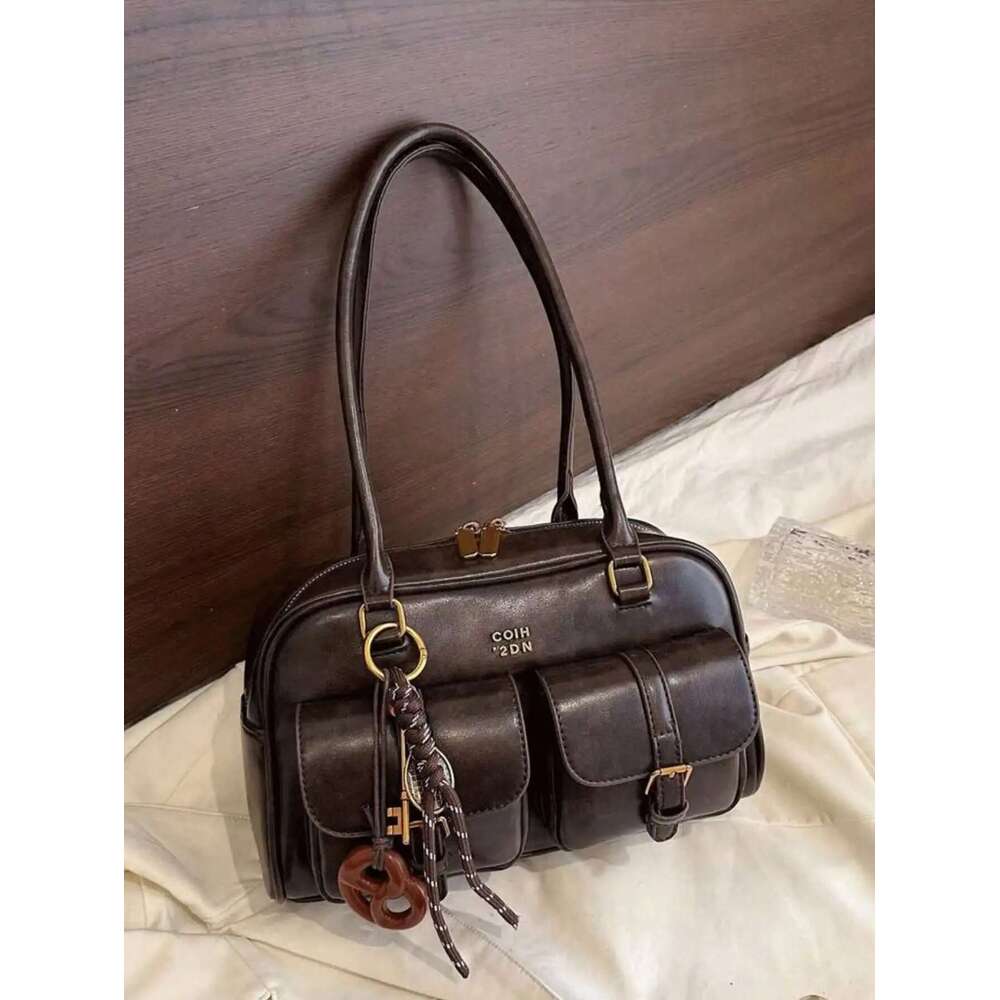 Vintage Brown Tote For Women, Crossbody Shoulder Bag With Metal Buckles & Keychain, Stylish Spacious Daily Purse